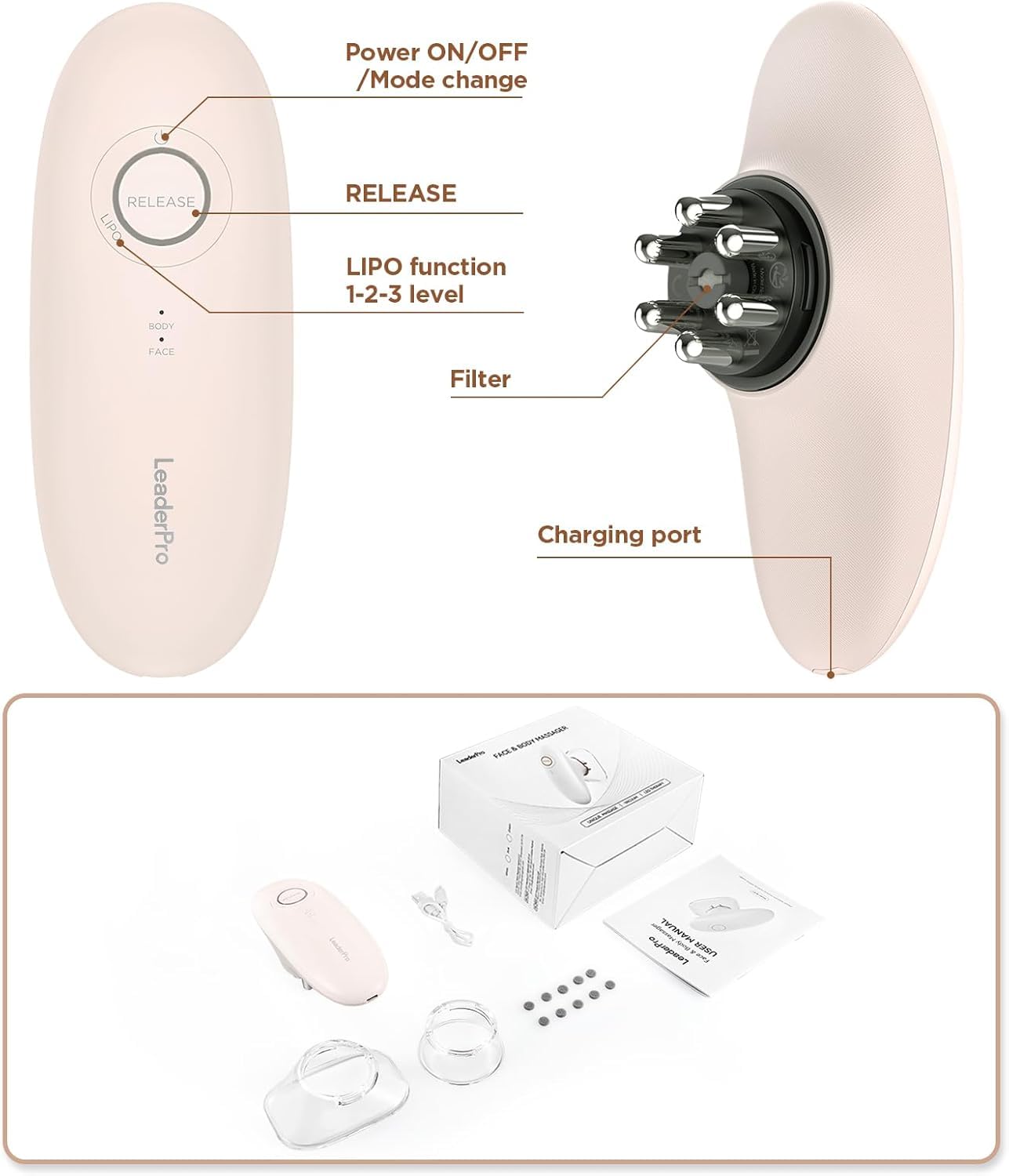 Masajeador Anticelulítico Eléctrico con Ventosas de Vacío, EMS y Luz Roja, 3 Niveles, Efecto Lifting, Masaje Profundo y Drenaje Linfático para Abdomen, Piernas, Glúteos, Brazos y Rostro, Rosa