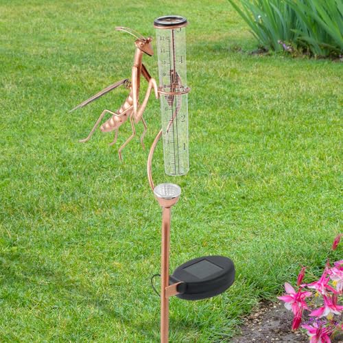 Rain Gauge with Stake, Outdoor Metal Mantis Shape Rain Gauges, Solar Rain Measure Gauge with Lights, Freeze Proof Acrylic Rain Gauge, Decorative Garden Rain Measure Tool for Gardens Lawn Patio