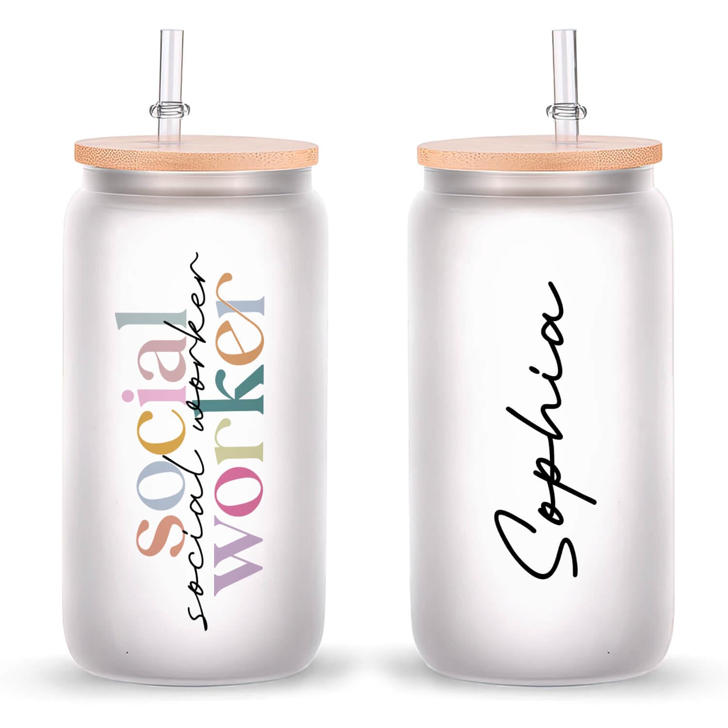 OulaArt Personalized Social Worker Can Glass 16oz With Lid and Straw, Gift For Social Worker, Custom Name Cup Gift for Social Work Professional, Floral Social Worker Appreciation Cup