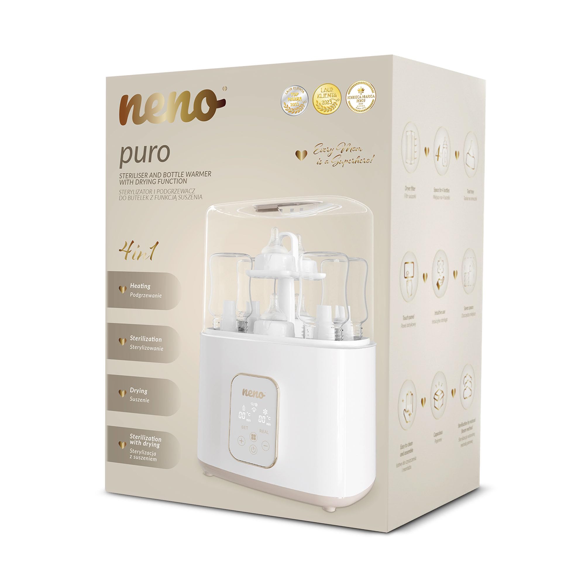 NENO Puro Sterilisator für Babyflaschen – 4-in-1 Gerät mit Trocknung & Flaschenwärmer Baby – Dampfsterilisation 100°C – Touch-Bedienfeld – Platz für 4 Flaschen
