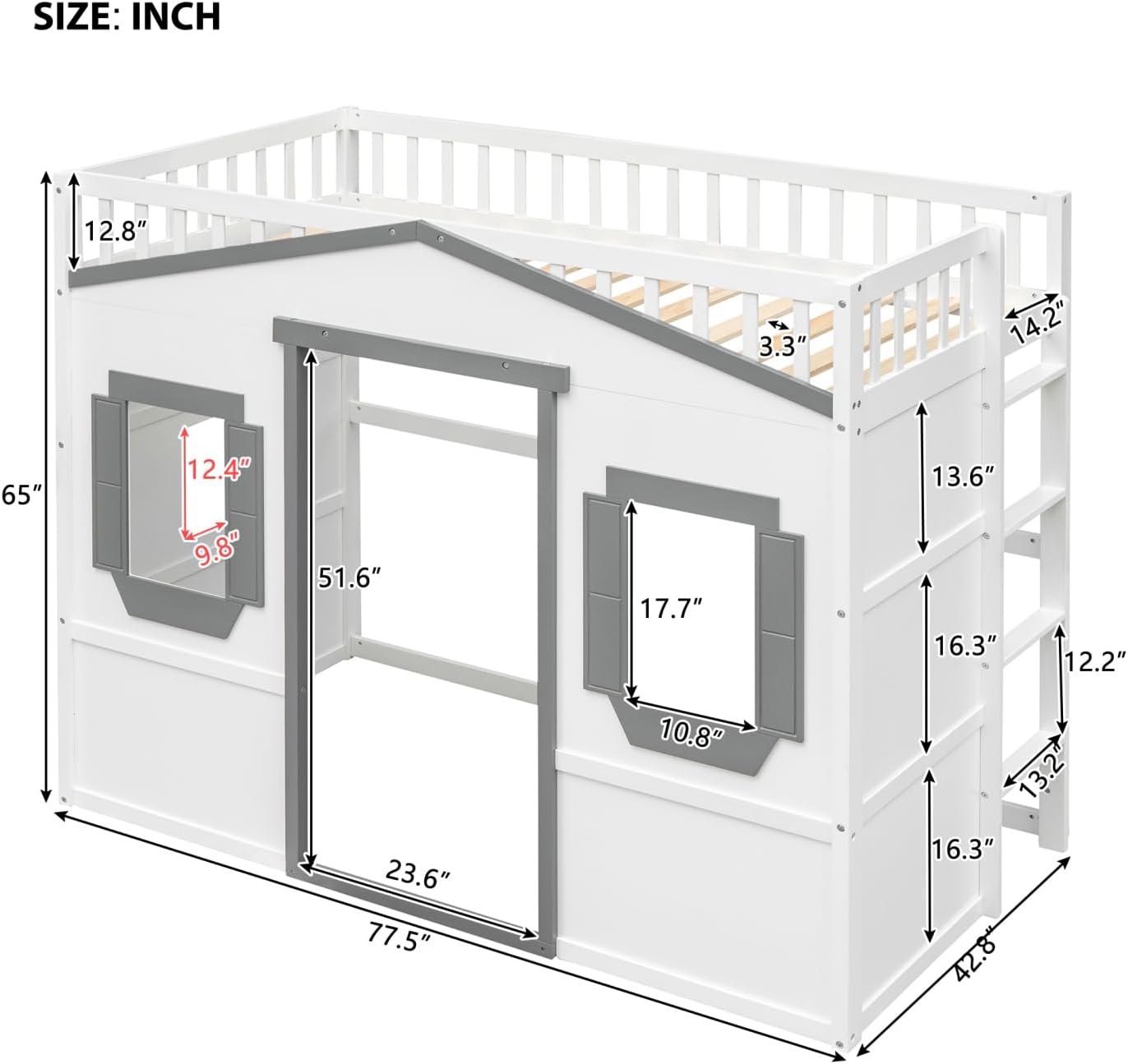 Detailed dimensions of the TRIPLE TREE Twin Size House Loft Bed