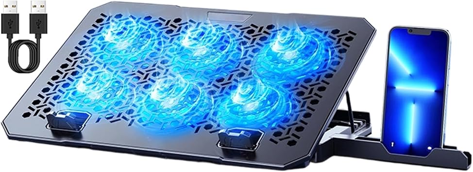 TopMate C12 Cooling Base for Laptops   G ming RGB Heatsink with 6 Silent Fans | Adjustable 8 Heights Stand with Mobile Phone Housing | Compatible Computer 15.6-17.3 Inches