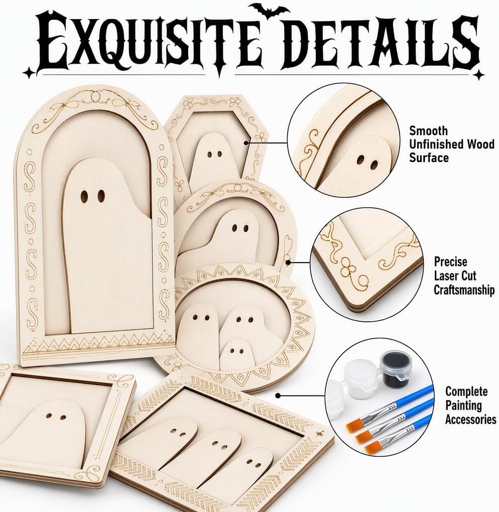 12Pcs Halloween Crafts for Adults, Wood Ghost DIY Painting Kit, Unfinished Wooden Ghost Frames, Halloween Arts and Crafts, Cute Ghost for Halloween Craft Art Party Supplies