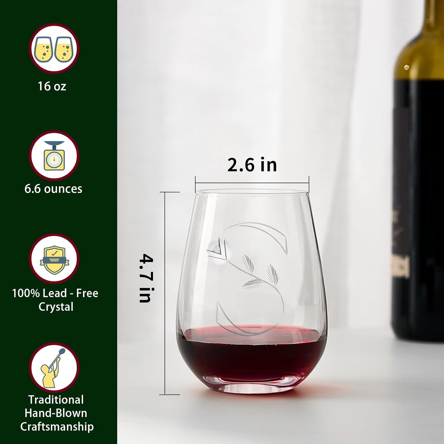 Unique Monogrammed Stemless Wine Glasses - Personalized with Letter S Initial, 16 Oz Capacity, Handcrafted Crystal Stemless Glasses with Engraved Initials - Ideal Wine Gifts for Women, Men - Image 4