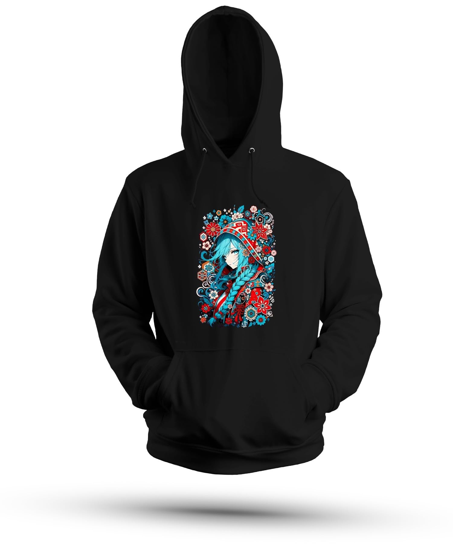 Anime dziewczęca niebieskie włosy Japonia Y2K bluza z kapturem, czarna, L | Aesthetic warkocz kwiaty tradycyjny Cosplay fantazja prezent dla geek kolorowy portret folkloru