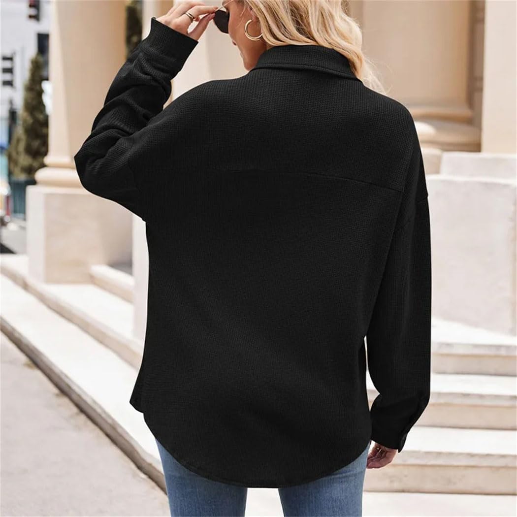 Women's Waffle Loose Shirts Long Sleeve Button Down Solid Blouses Work Office Elegant Tops with Pockets