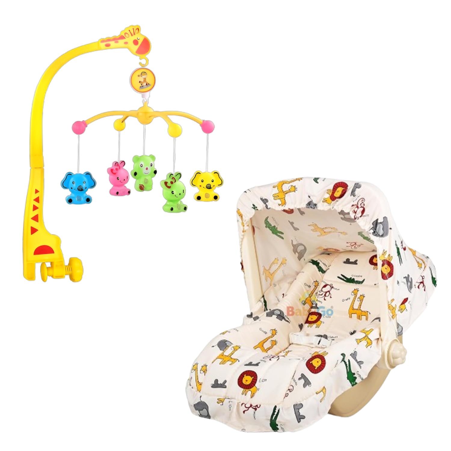 BabyGo 5-in-1 Carry Cot with Rocking Chair, Large Canopy & Mosquito Net (Beige) + Rotating Giraffe Musical Mobile (Yellow) | Newborn Soothing Combo with Hanging Jhoomer Rattle Toys (Combo Pack)