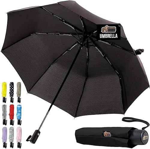 GORILLA GRIP Strong Stick Umbrella for Rain, Compact Travel One-Click
