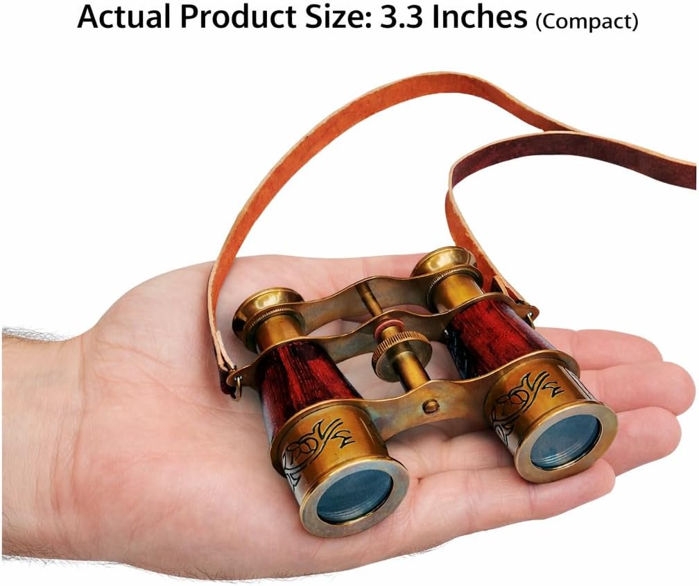 Compact 3-Inch Antique Brass Binoculars – Vintage Nautical Decorative Binocular with Red Leather, Gift & Home Décor Accent (No Zoom, No Magnification)
