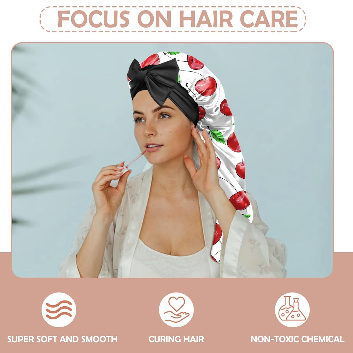 Silk Long Satin Hair Braid Bonnet for Sleeping Adjustable Double Layer Elastic Reusable Long Hair Caps Cute Aesthetic for Women Girls-Cherry image 4
