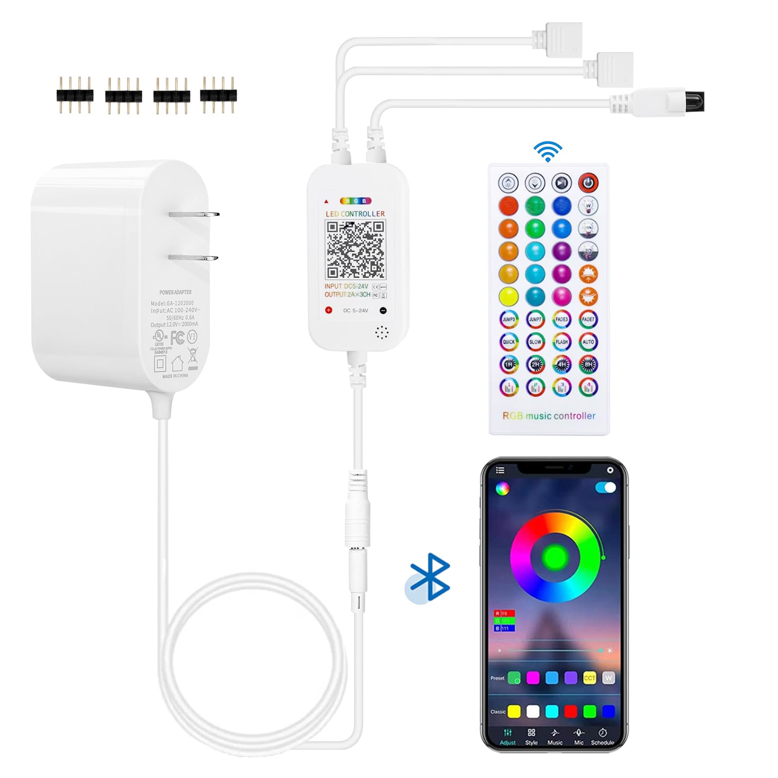 Bluetooth Led Controller with APP Control, Music Sync, 40 Key Wireless IR Remote Controller and Power Supply 12v 2A UL Listed for 12v 2835 5050 RGB LED Strip Lights