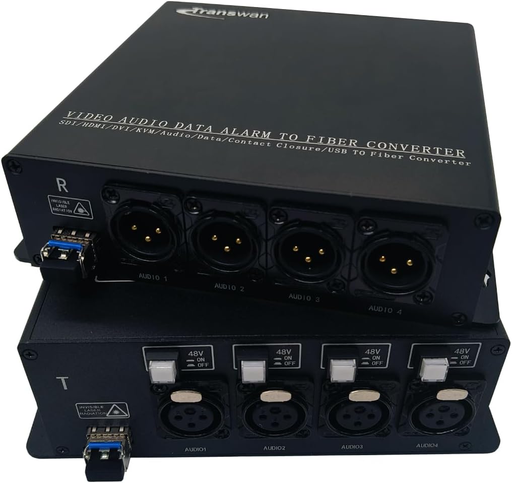 4 Ch Line-Level XLR Balanced Audio to Fiber Converter Over 20 Km SMF, with 4 x Switchable 48V Phantom Power Supplies, Condenser Microphones Supported (BY-XLR-328 (2 Ch to Fiber))