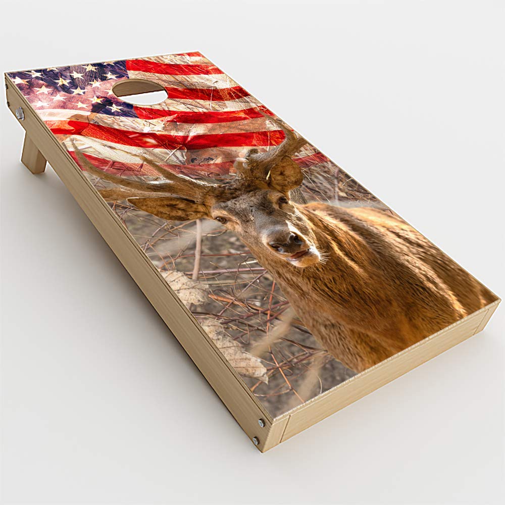 Skin Decals Vinyl Wrap for Cornhole Game Board Bag Toss (4 pcs.) Includes Dry Erase Marker and Scoreboard | Camo Deer and US Flag