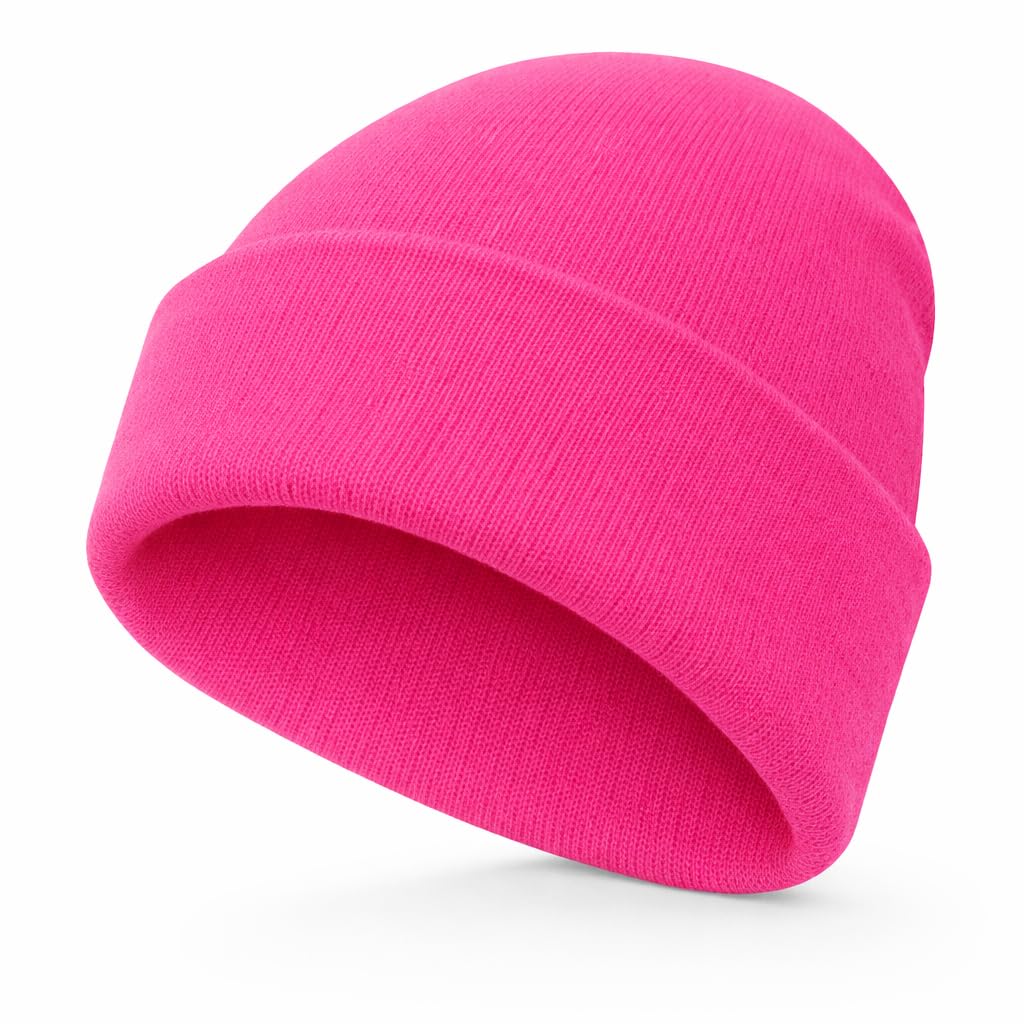 Ws Uk Unisex Kids Neon Pink Kids Beanie Hat - Slouch Winter Woolly Turn Up Knitted (Neon Pink)