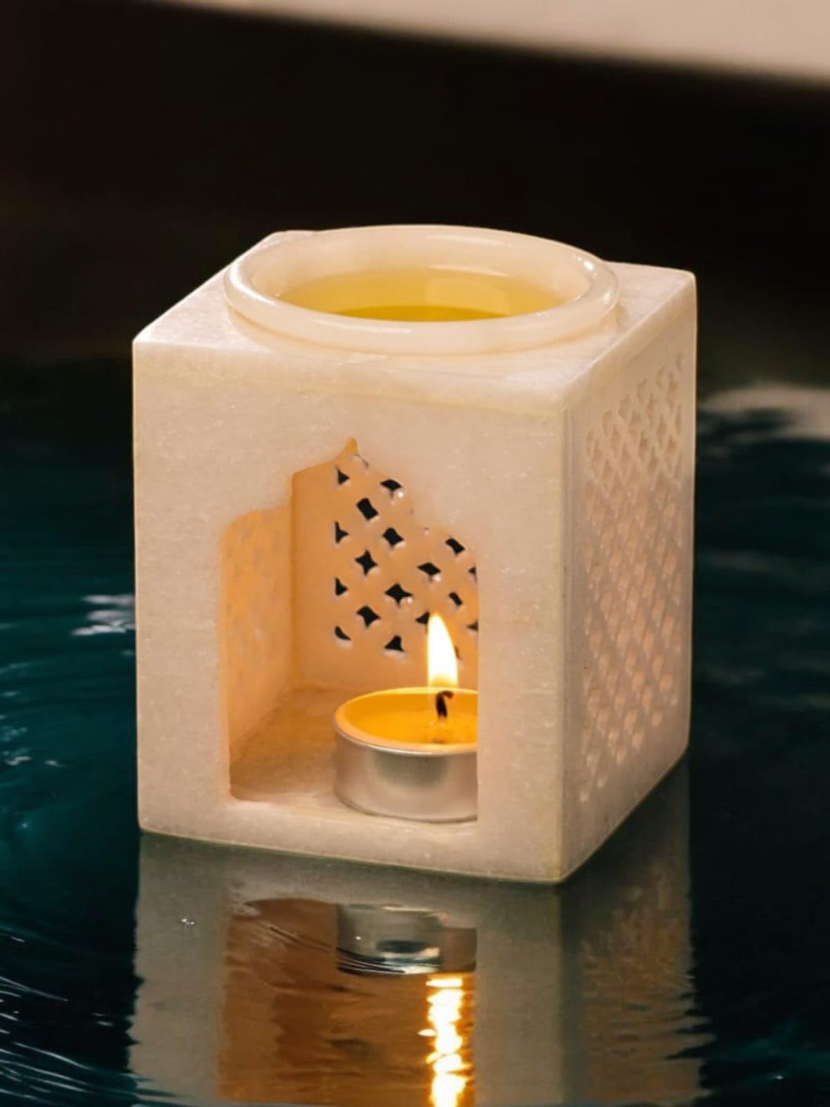 Marble Oil Burner | Aroma Diffuser Essential Oil & Candle Included | Handmade by Indian Artisana | Festive Gifting | Temple Shape | Table Decor | Home & Office Decor