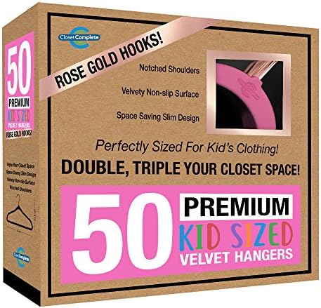 Closet Complete Kids Size, Premium Heavyweight, Virtually-UNBREAKABLE, Velvet Hangers, Ultra-Thin, Space Saving, No-Slip, Best Size For Kids 4-15 years, 360º Spin, Rose Gold Hooks, Pink, Set of 50