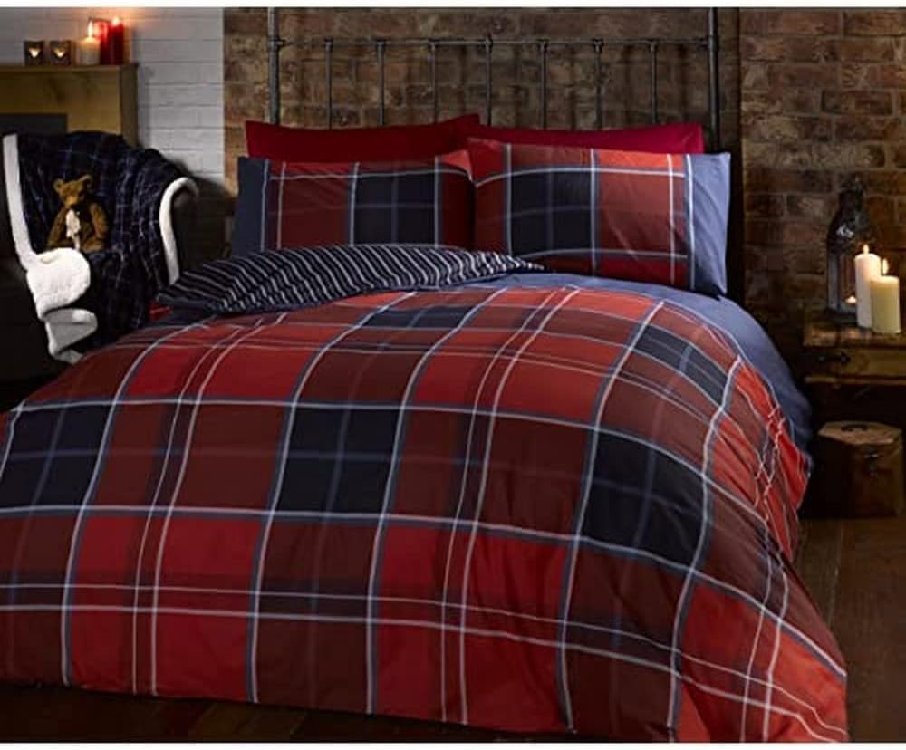 Argyle Double Quilt Duvet Cover and 2 Pillowcase Reversible Bedding Bed Set, Tartan Check - Red