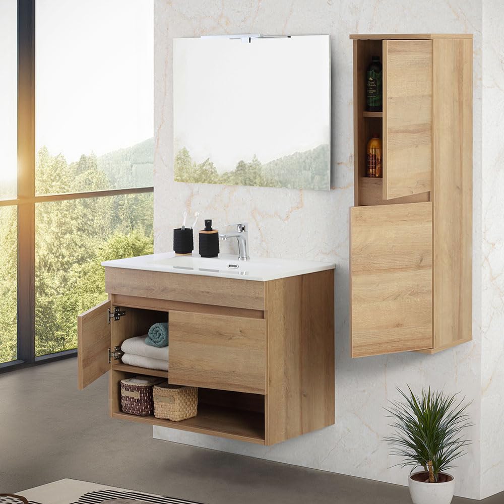 Pensile bagno sospeso 112 cm rovere africa con 2 ante reversibili soft-close e ripiani interni fissi, KLEO