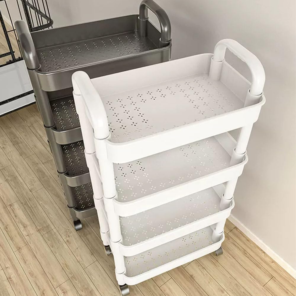 2PCS 5-Tier Plastic Rolling Cart with Handle,Utility Cart on Wheels,Kitchen Cart,Rolling Storage Cart,Multifunctional Storage Organizer for Office,Bathroom,Living Room,Kitchen (2-White)