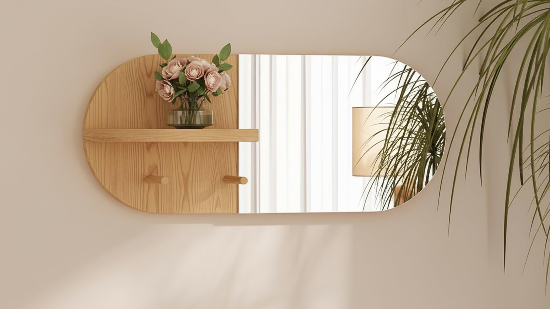 A&A Studio Solid Wood Wall Mirror with Shelf and Hooks, Natural Wood Finish, 60cm Oval Entryway Organizer, Handcrafted Makeup Vanity Mirror with Storage for Living Room, Bedroom, Hallway-image-22
