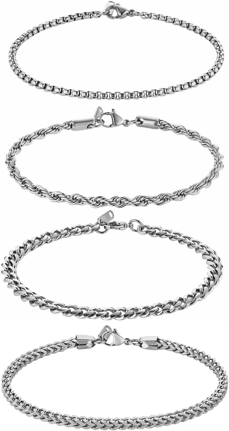 HZMAN 4 Pcs Silver Bracelet for Men,8.0 Inch Stainless Steel Link Bracelet