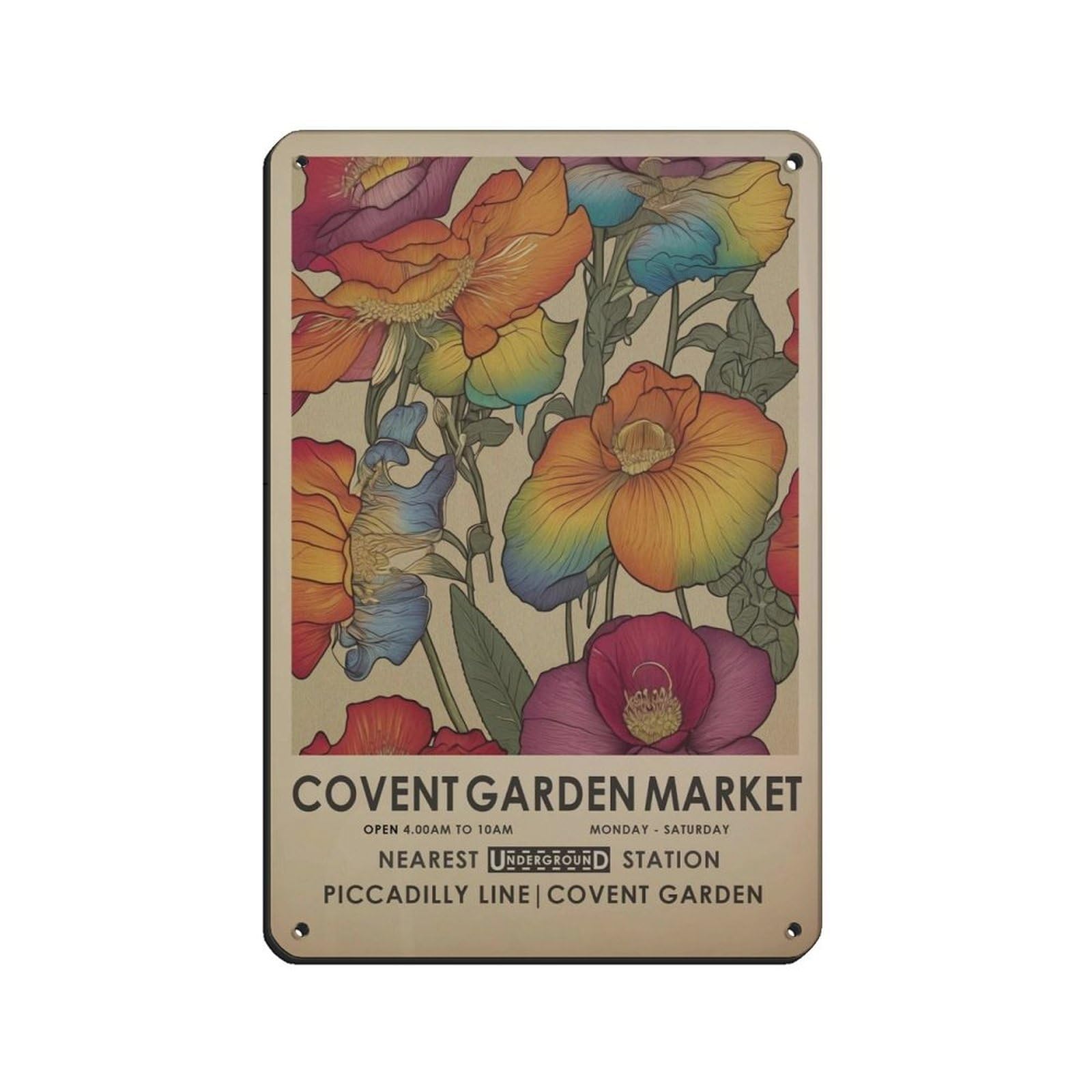 Covent Garden Flower Market, Rainbow Botanical Art Retro Poster Metal Tin Sign Chic Art Retro Iron Painting Bar People Cave Cafe Family Garage Poster Wall Decoration 8x12inch(20x30cm)