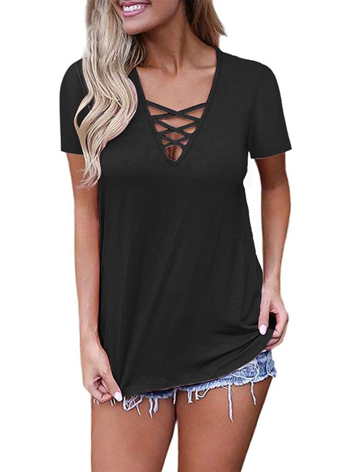 Ezbelle Women's Short Sleeve V Neck Shirts Criss Cross Top Basic T Shirt