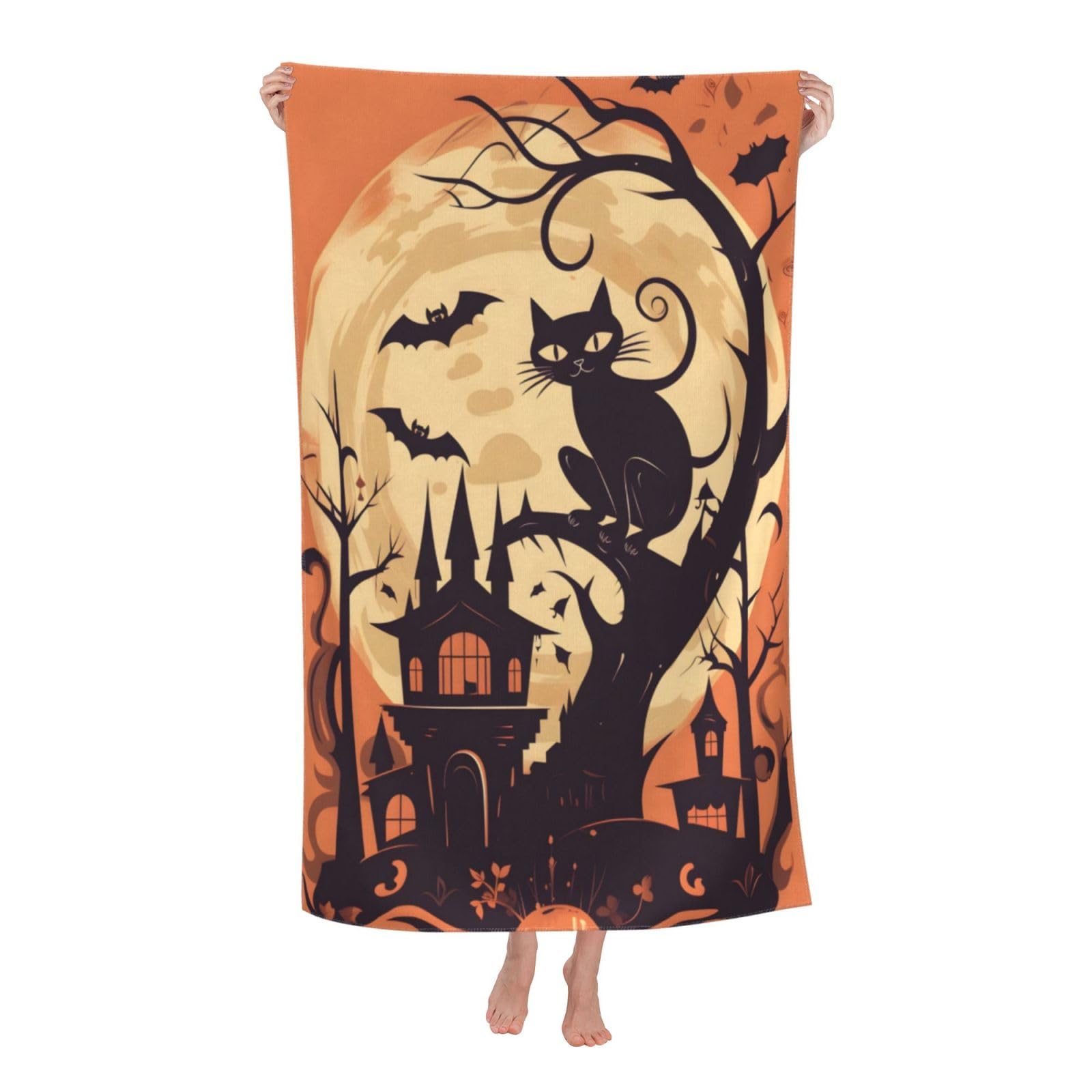 LSRCPD Beach Towels Happy Halloween Cat And Bat Travel Sports Bath Swimming For Women Men 80X130Cm