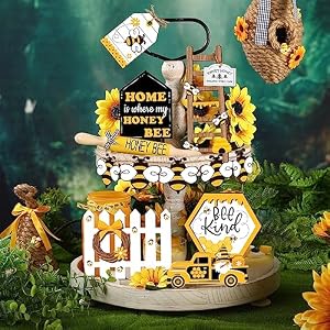 Wesiti 20 Pcs Summer Tiered Tray Decor Set Honey Bee Decorations Gnome Wooden Signs Yellow Truck Honey Table Top Decor Spring Summer Farmhouse Tabletop Signs for Party Home Kitchen Table Holiday