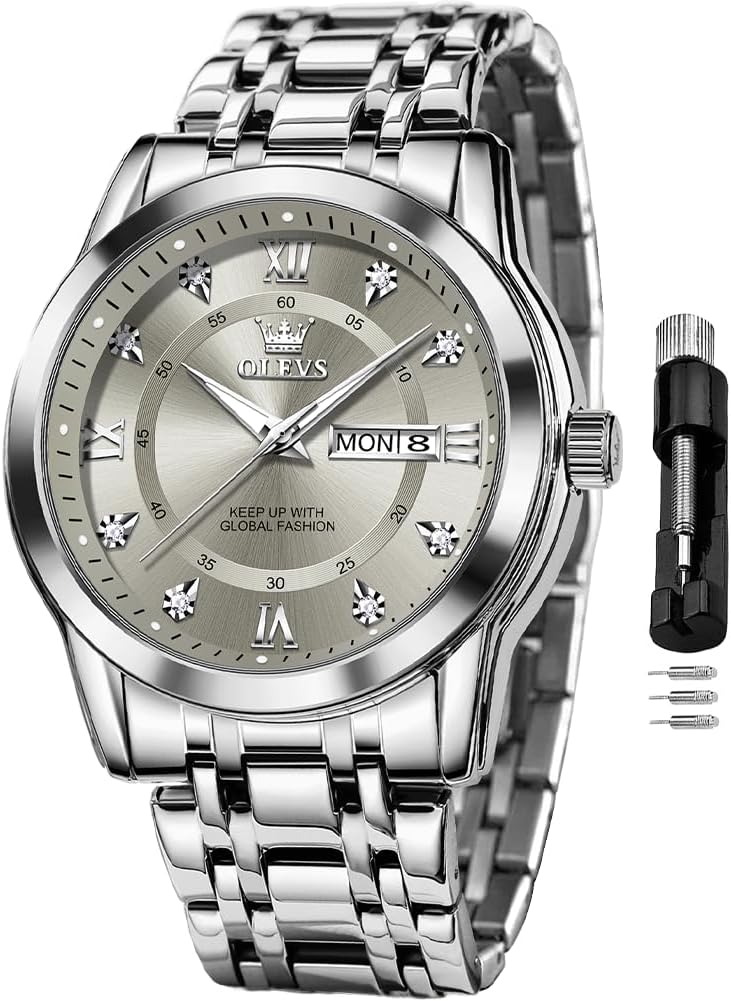Watch for Men Classic Business Dress Analog Quartz Stainless Steel Waterproof Luminous Date Diamond Men Silver Watch