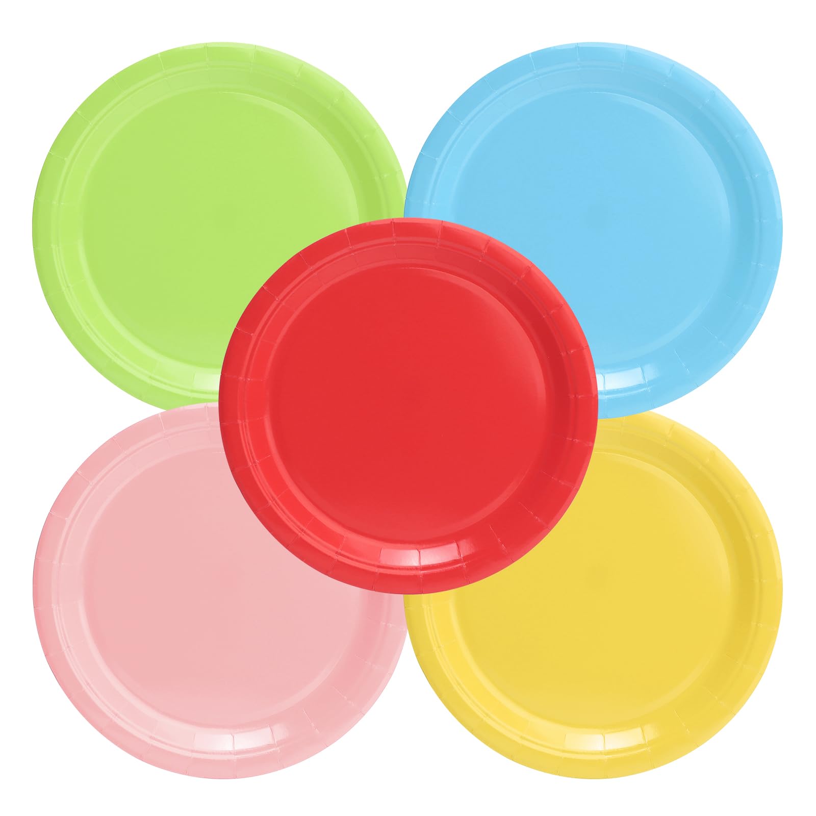 PARTY GO 50 Pcs 7" Multi-Color Paper Plates for Dinner and Dessert, Disposable Plates Party Supplies Pack for Graduation Holiday Wedding Birthday Party Decorations (Red Yellow Blue Green Pink)
