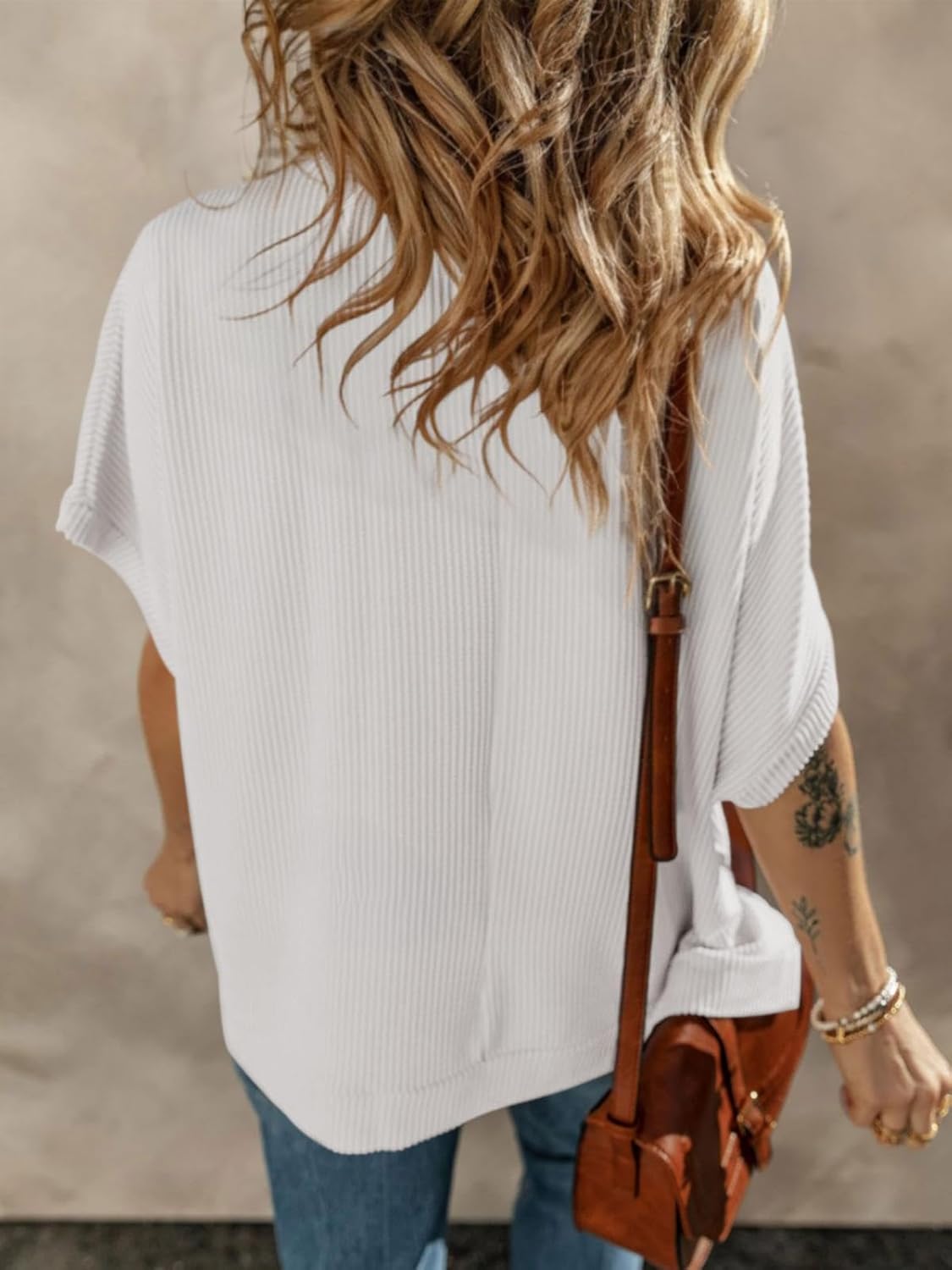 Batwing Tops for Women Half Sleeve Loose Fit Tunic Tops Ribbed Knit Oversized Dolman Sleeve T Shirts - Image 5