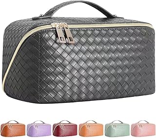 Large Capacity Travel Cosmetic Bag, Portable PU Leather Waterproof Makeup Bag Organizer, Women Travel Makeup Bag With Handle and Divider Flat Lay Checkered, Large Cosmetic Organizer for Women Girls