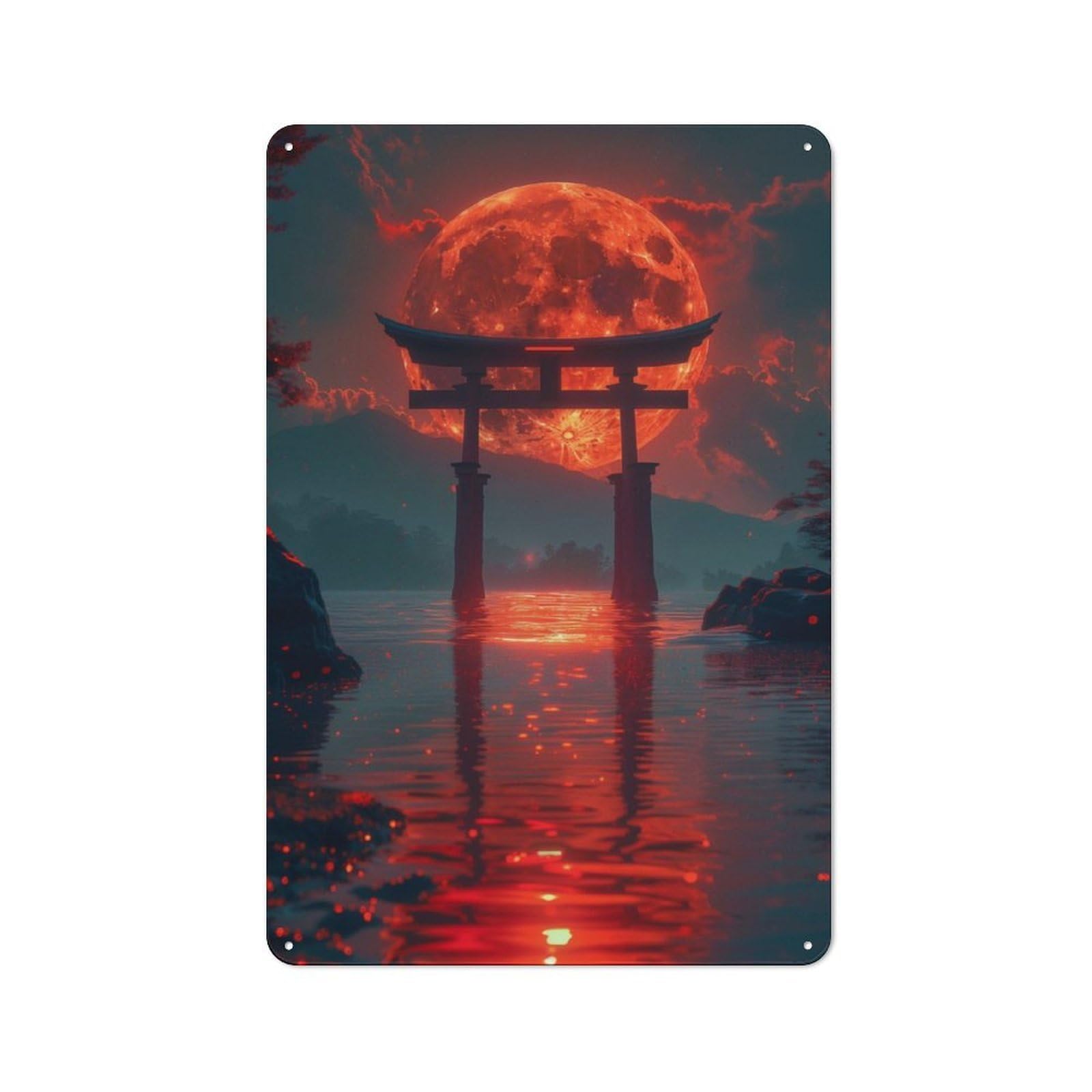 Junmoney Red Moon Torii Gate Tin Wall Plaque 30X20cm With For Bar Or Restaurant, Suited To Bar Decor Enthusiasts