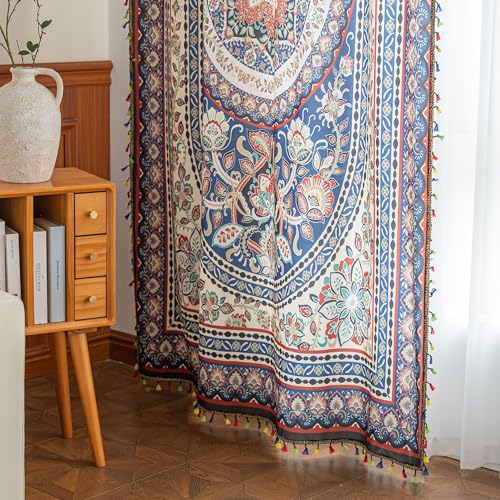 Image of Multicolor Medallion Curtains 96 Inches Long, Boho Farmhouse Light Filtering Rod Pocket Drapes with Tassel Trim for Bedroom Living Room, 2 Panels