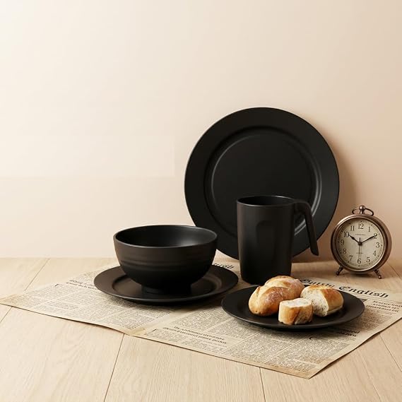 20PCS Plastic Dinnerware Sets, Unbreakable and Reusable Light Weight Plates Mugs Bowls Dishes Easy to Clean, Great for Home, Garden, Picnic, Camping, Outdoor (Black)