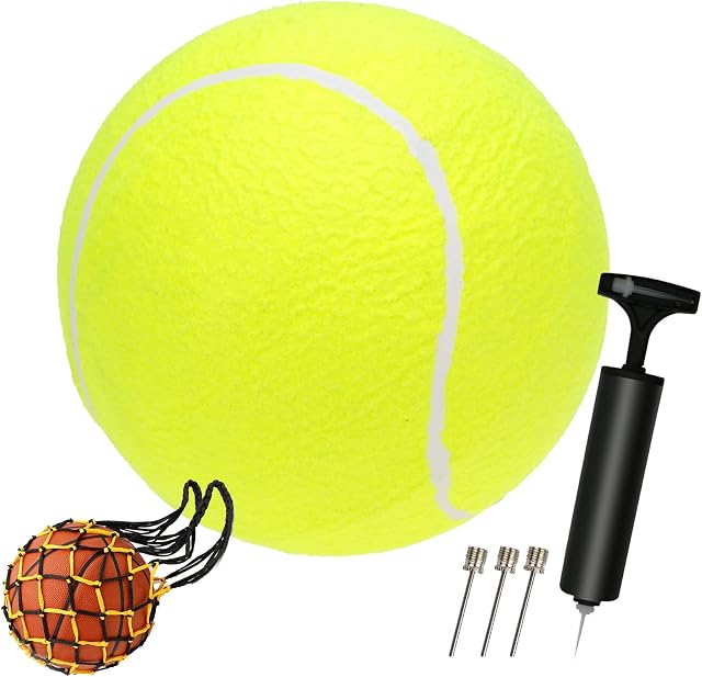 9.5"Oversize Giant Tennis Ball & Air Pump Needle & Storage Net Children Adult Fun Tennis Ball Pet Dog Large Chew Toy Big Giant Durable Rubber Inflatable Launcher Pet Indoor Outdoor Sport Beach