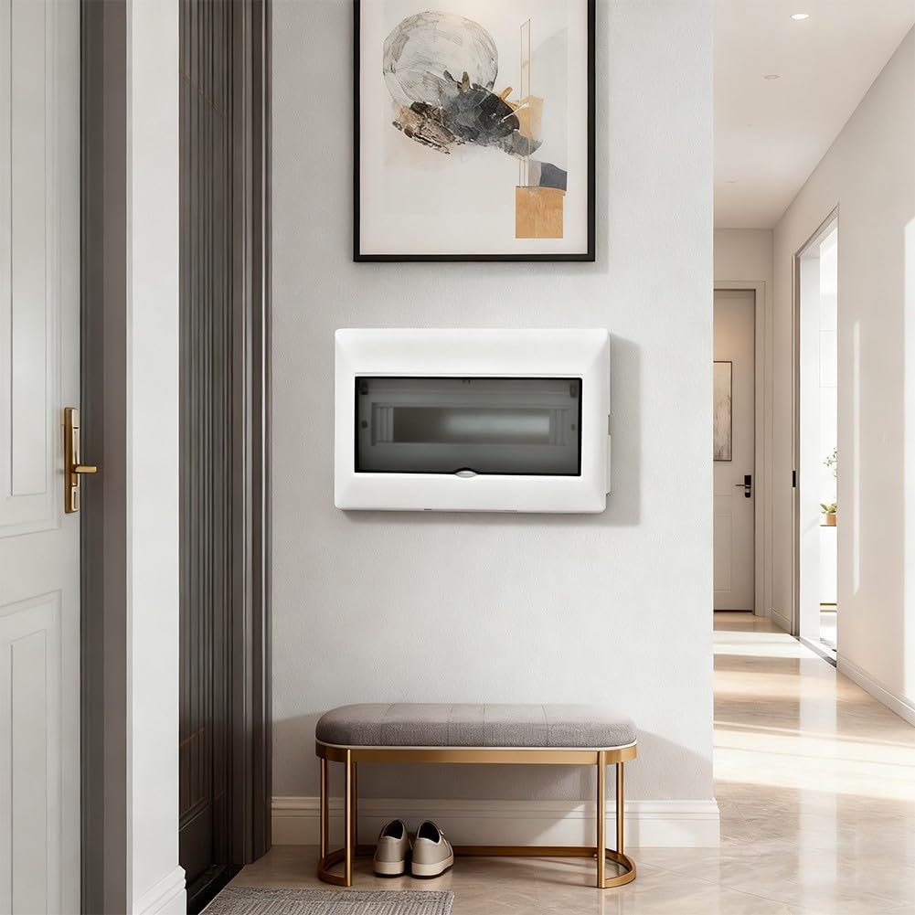 Scatola di distribuzione con guida DIN a 15 vie con copertura trasparente in policarbonato, guscio in acciaio inox, per interni ed esterni, 37 x 23 x 9 cm, bianco