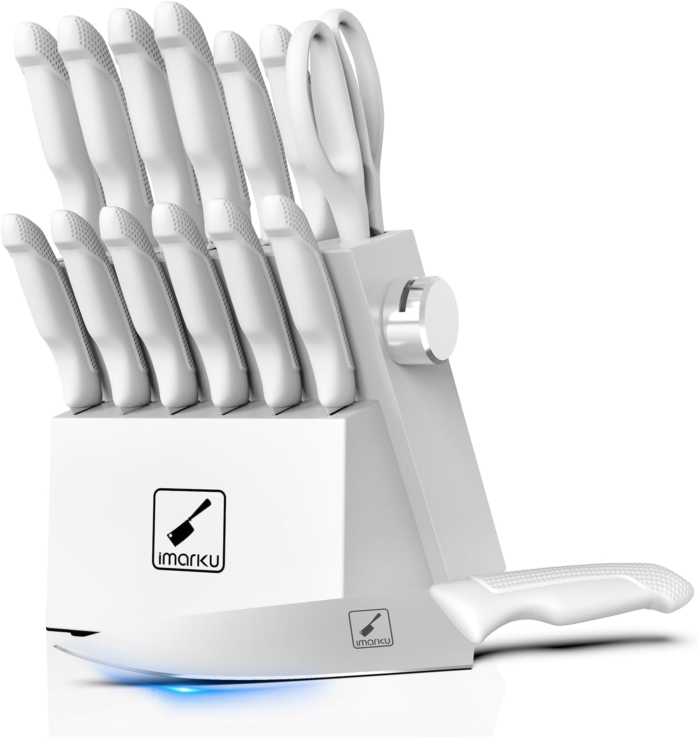 imarku Knife Set With Block, White Knife Sets, Knife Block Set, 14pcs Stainless Steel Kitchen Knife Set, Kitchen Essentials for New Home, Apartment Essentials, Built-in Sharpener, Dishwasher Safe