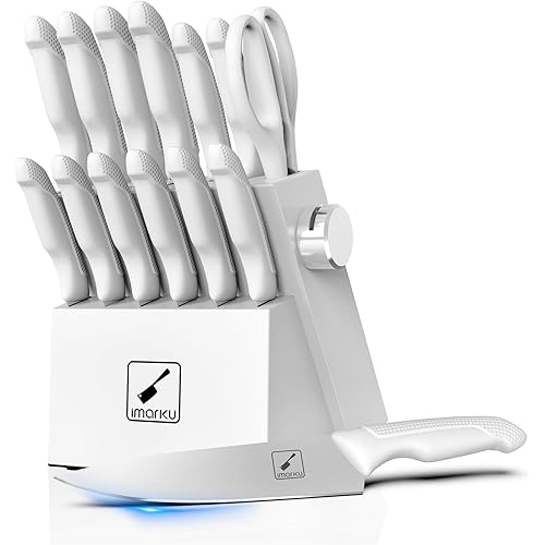 imarku Knife Set With Block, White Knife Set, Knife Block Set, 14pcs Stainless Steel Kitchen Knife Set, Kitchen Essentials for New Home, Apartment Essentials, Built-in Sharpener, Dishwasher Safe