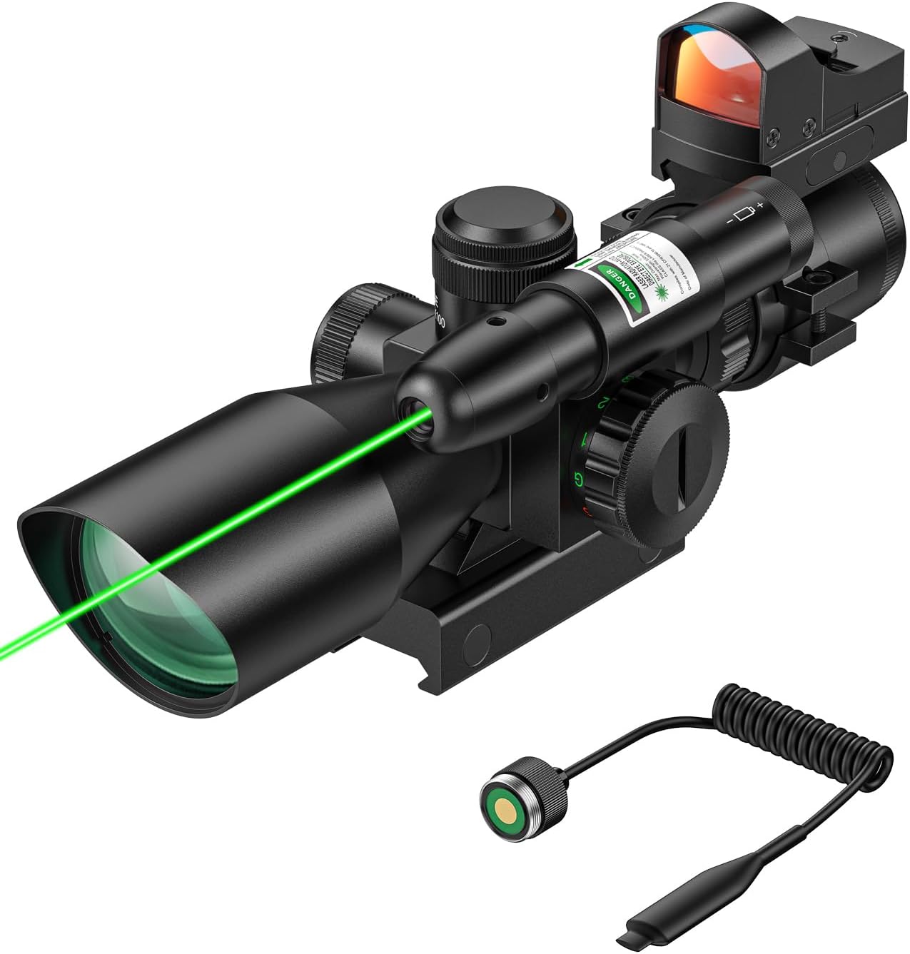 MidTen 2.5-10x40 Rifle Scope with Red/Green Illumination, Mil Dot Reticle Short Scope with Green Lens, Combo Scope with Green Laser Sight, Holographic Red Dot Sight and Mount