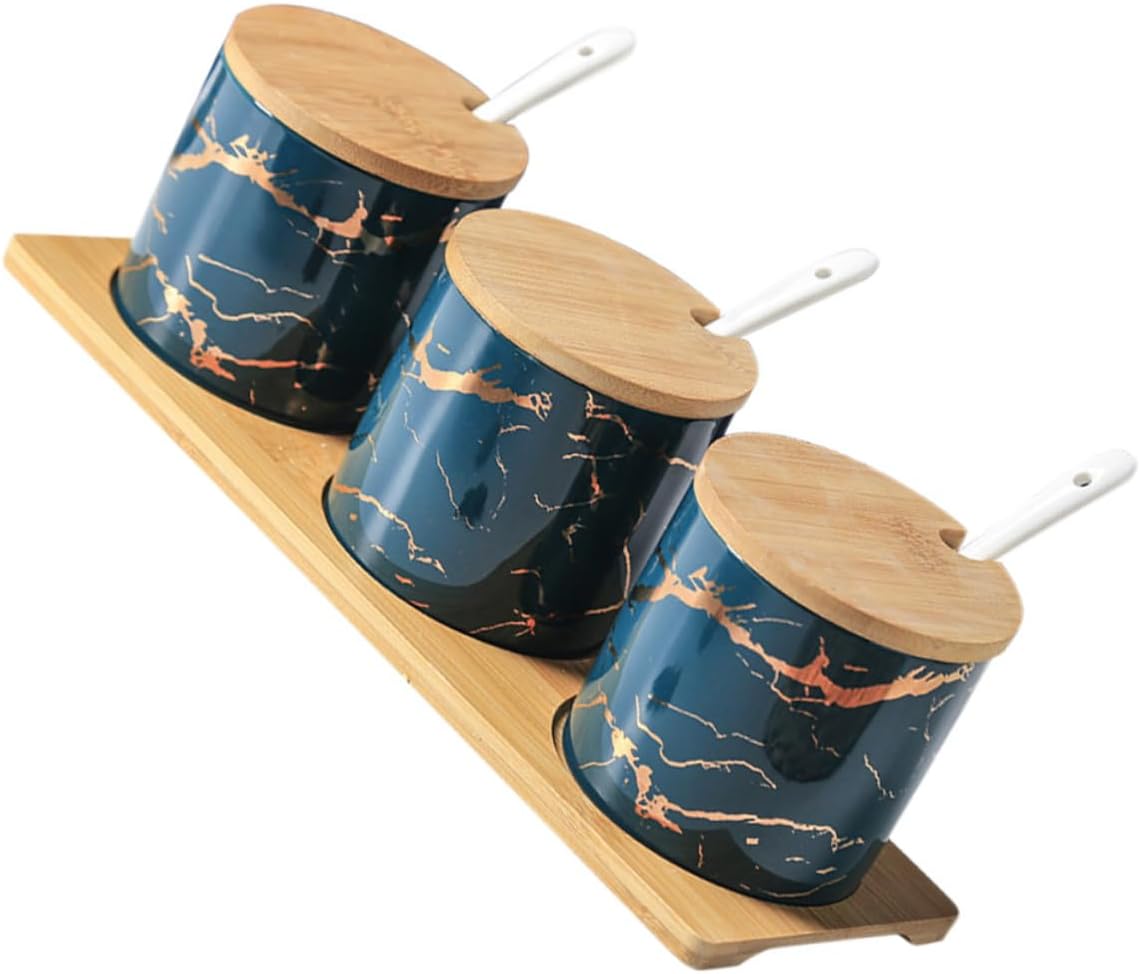 1set Ceramic Seasoning Container with Lid and Spoon Emerald Marble Finish Spice Jar for Salt Pepper and Condiments Easy to Use Sealed Storage for Kitchen Essentials