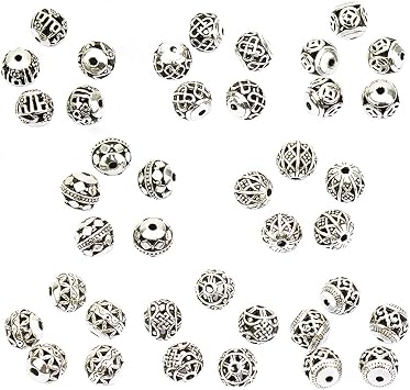 TM 10mm 40 Pcs Tibetan Silver Round Hollow Spacer Charm Beads Jewelry Findings Mix Lot Box Set Assortment