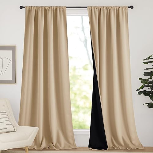NICETOWN Thermal Insulated 100% Blackout Curtains, Rod Pocket Noise Reducing Drapes with Black Lining, Full Light Blocking Drapery Panels for Patio (Biscotti Beige, 1 Pair, 52-inch x 95 inches)