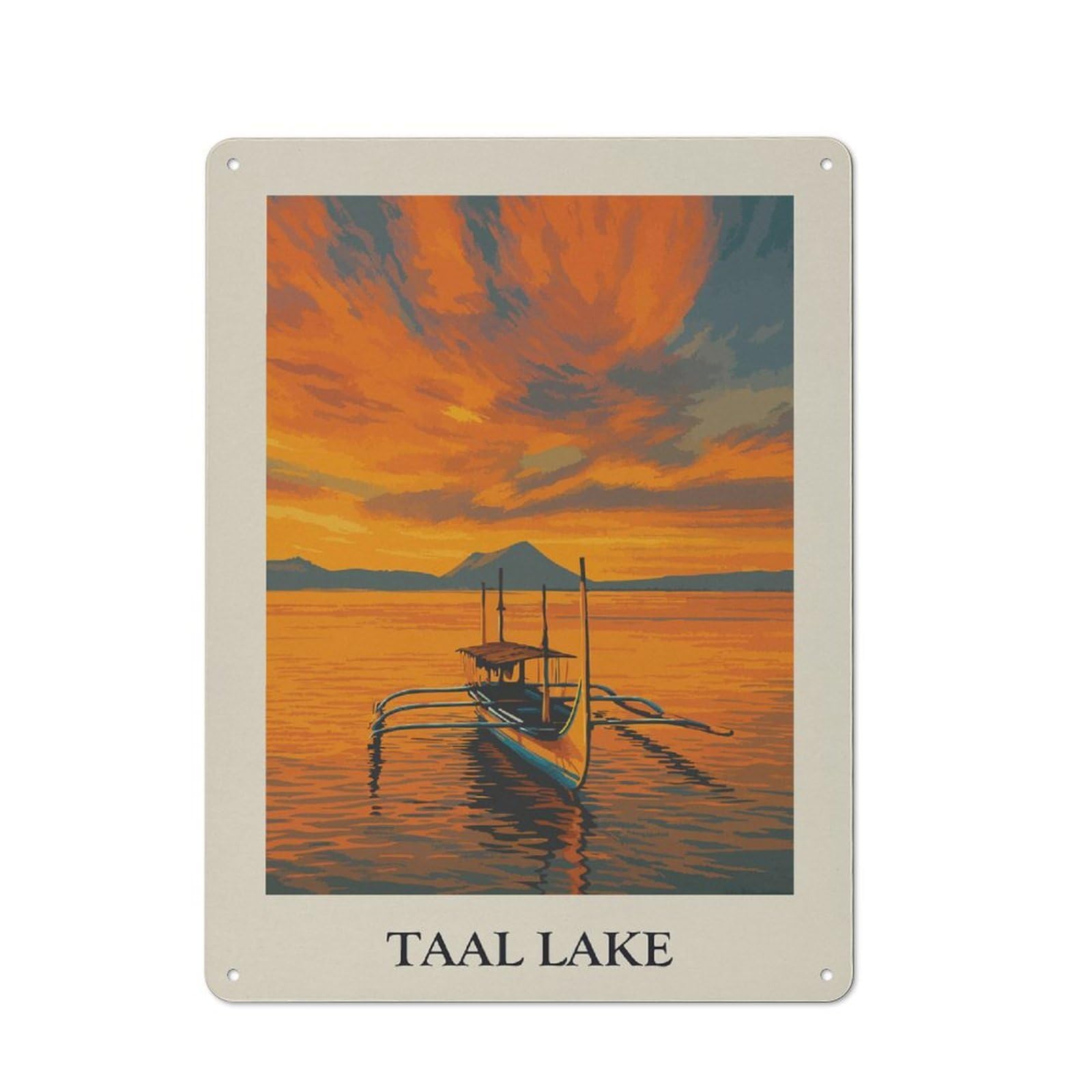 Junmoney Style-12 Tin Wall Plaque 40X30cm With Taal Lake Sunset Art Print For Guest Room Or Hallway, A Decorative Christmas Gift For Home Decor Collectors
