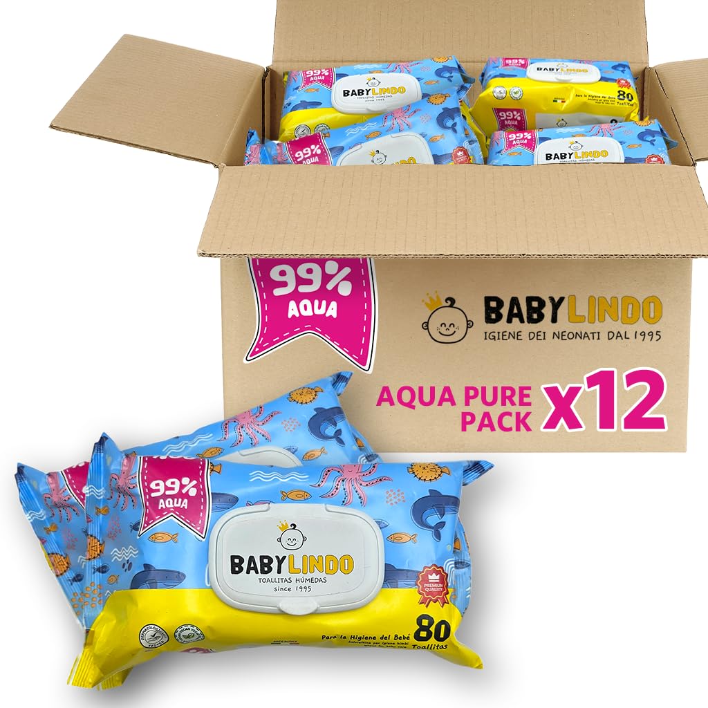 Toallitas Húmedas para Bebé AQUA (99% Agua) - Pieles Sensibles y Recién Nacidos, Pack Ahorro 12 x 72 Unidades (Total 864 Toallitas)