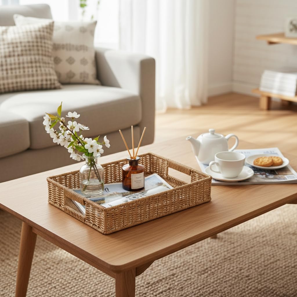 2pcs Woven Baskets Serving Trays with Handles, Poly Wicker Bread Basket Rectangular Platters for Fruit, Vegetables, Breakfast, Drinks, Snacks, Dining Coffee Table, 2 Size