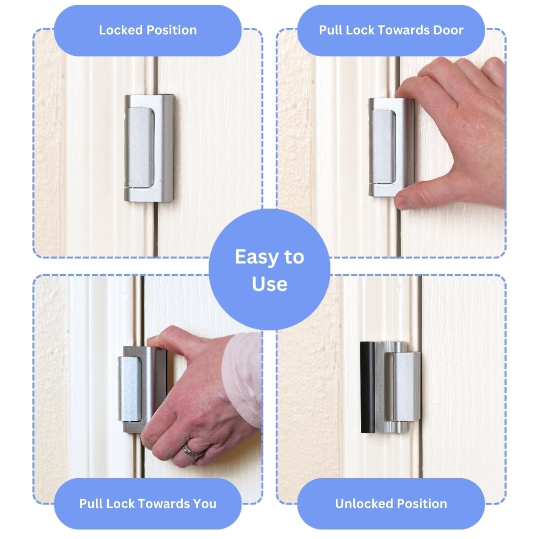 A-Four - Cerradura de refuerzo de puerta de seguridad para el hogar, 3 unidades, aleación de aluminio duradera, soporta 800 libras de fuerza, cerraduras de seguridad para puertas familiares y niños