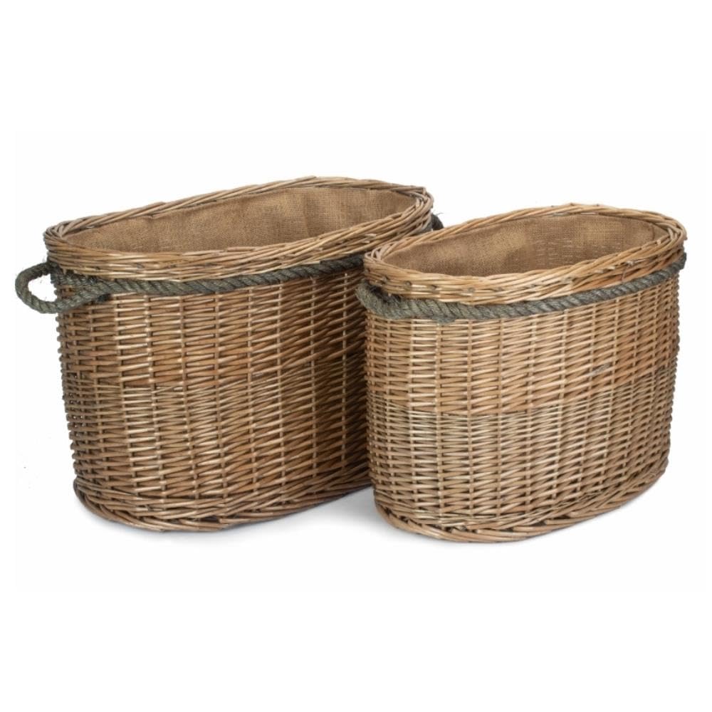 Czerwony kosz duży owalny z uchwytem z drewna z rączką, wiklina, brązowy, wys. 38 x szer. 58 x gł. 38 cm