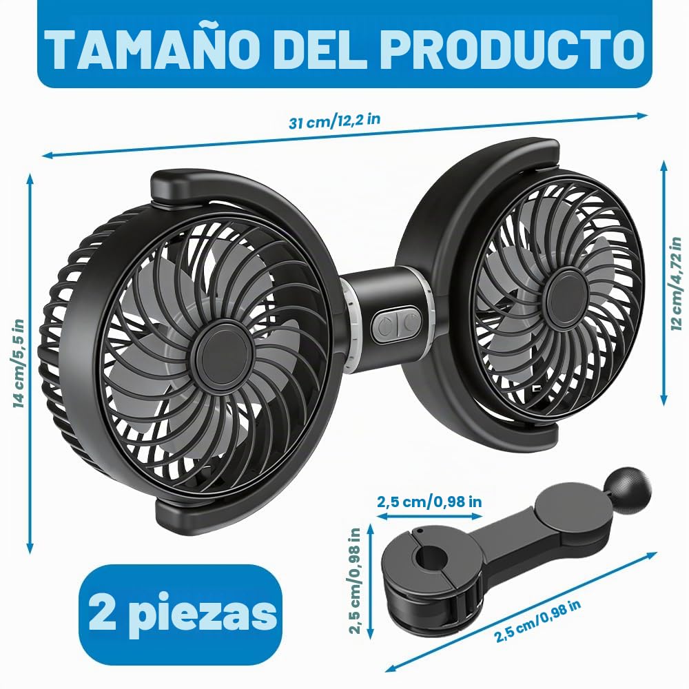 Ventilador para Coche USB, 5V 2A Ventilador Coche USB con 3 Velocidades, Rotación de 360° Ventilador para Coche de Doble Cabezal para Voltios, Camión, Autocaravana, Barco y Caravana